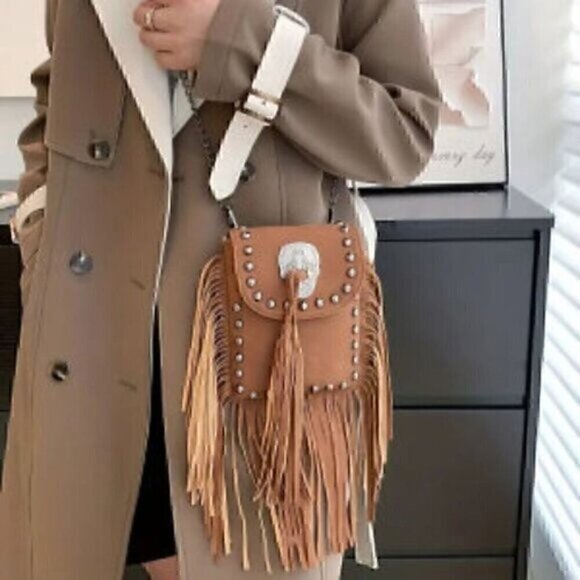 Y2K Fringe Crossbody Bag, Steampunk Chain Shoulder Bag, Trendy Studded Purse - Picture 3 of 8